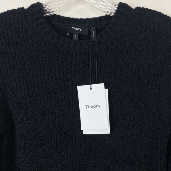 Theory Black Shrunken Fit Crewneck Sweater Feathered Cotton Linen - Picture 2 of 8